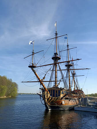 Medieval sail war ship in Russian river port in center of the cityの写真素材