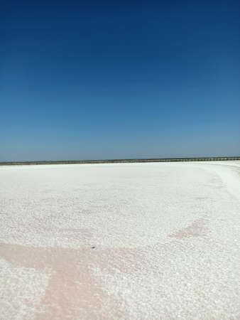 pink rose lake with salt and mad under blue skyの写真素材