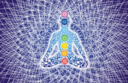 Yogi in the center of the openwork mandala with signs of the chakras. Spiritual, sacral ornament,...