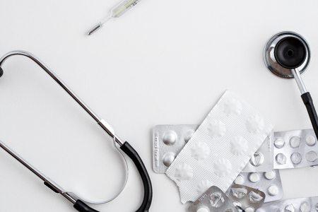 drugs pills thermometer stethoscopeの写真素材