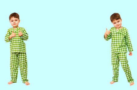 Collage. little boy standing in pajamas showing sign of approval, like The boys hand shows a gesture of approval,thumbs up gesture class. Everything is cool, you're done, praise, everything is OK, wonderful moodの写真素材