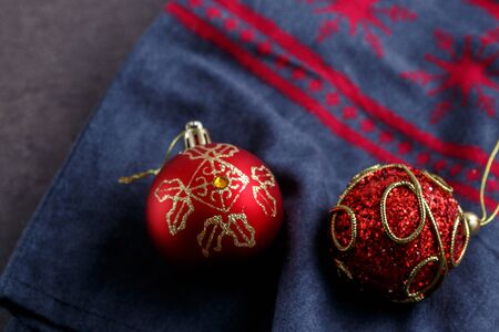 Christmas toys on canvas on a gray background .top viewの写真素材