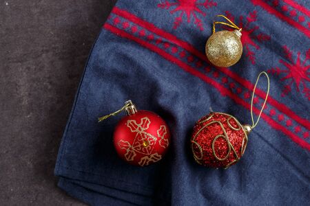 Christmas toys on canvas on a gray background .top viewの写真素材