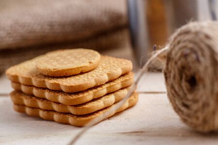 wheat cookies closeup on wooden background.の写真素材