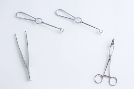 surgical instruments on white isolated background. top viewの写真素材