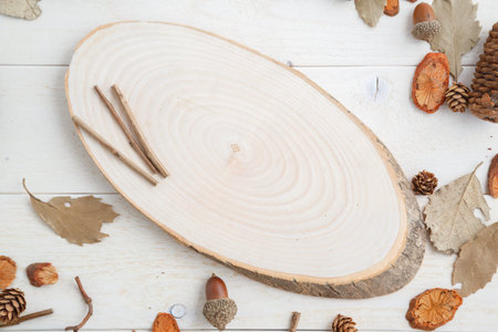 cross-section of a tree on a wooden background in autumn style . top view with space for text