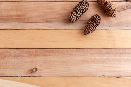autumn background. cones,acorns and pieces of wood on a wooden background. the view from the top.