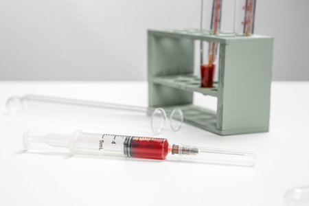 a sterile syringe with a blood sample on a white medical table. selective focus and small focus area