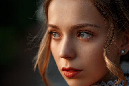 close-up portrait of a young beautiful girl in a brown dress in a retro style with a vintage camera...