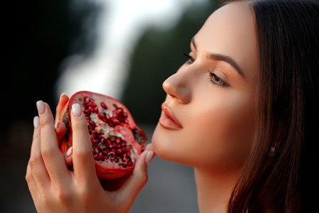 pomegranate in the hands of a young woman. close up. shallow DOF. selective focusの写真素材