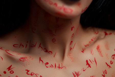 body of a young Asian girl close up with inscriptions on a dark isolated background.の写真素材