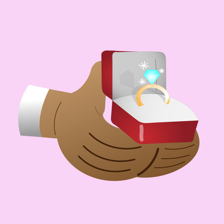 the hand holds a red box with an wedding ring. vector illustration
