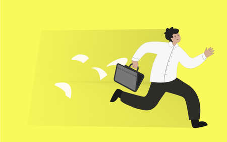 a businessman who is late for work. yellow background. vector illustration.のイラスト素材