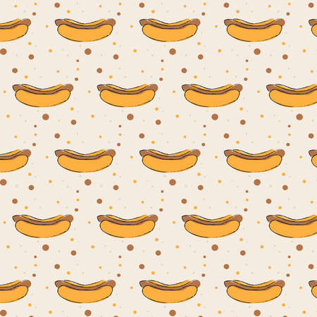 seamless pattern of hand-drawn hot-dogs on a beige background. for packaging, covers, wrapping paper. vector illustrationのイラスト素材