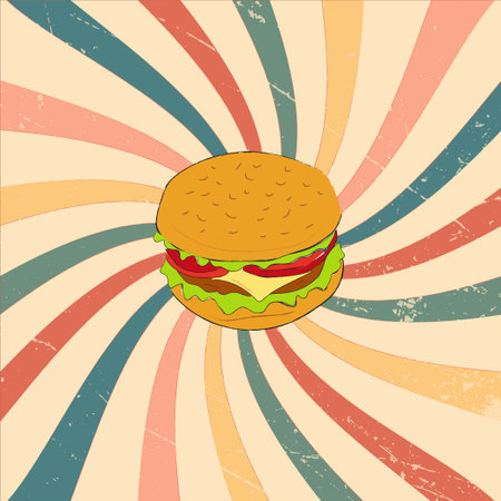 hand-drawn hamburger on a multicolored vintage background. 2d vector illustration.のイラスト素材