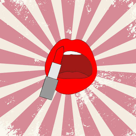 hand-drawn lips with lipstick on a pink vintage shabby background. 2d vector illustrationのイラスト素材
