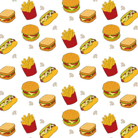 fast food seamless pattern . hamburgers, French fries, hot dogs,pizzas ,a glass of drink.vector illustrationの写真素材