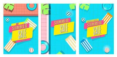 A set of three templates with the inscription summer sale on the background of the pool on top....