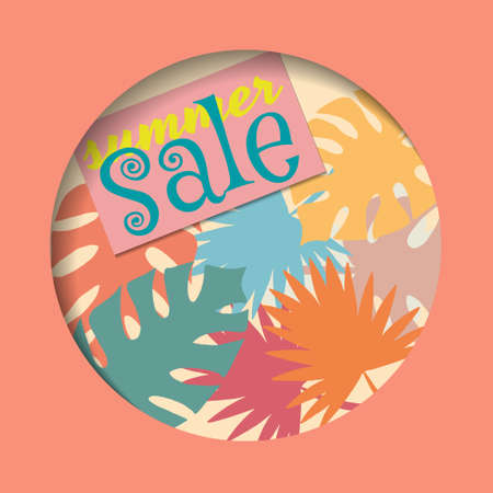 vector illustration of a postcard in the style of paper clippings. summer sale lettering and leaf prints in a cut-out circleのイラスト素材