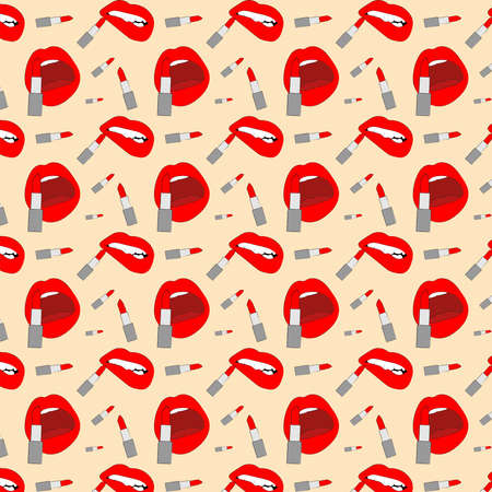 endless seamless pattern with hand-drawn lips and lipstick on a beige vintage background. vector illustrationの写真素材