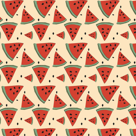 hand-drawn seamless pattern of watermelon slices on beige background. vector illustration