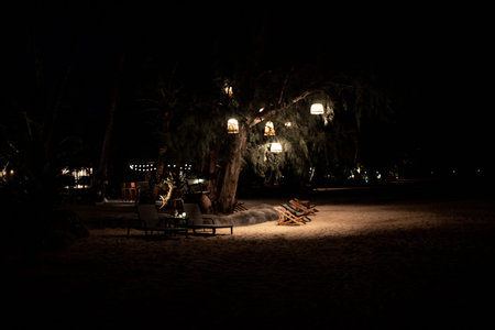 two sun beds on the beach . sand. night. rest and relaxationの写真素材