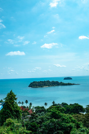 view of the sea from above. beautiful ocean. ship. summer. tree crownsの写真素材