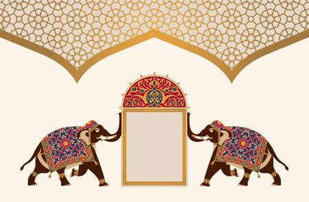 Arabic Floral Template With Elephants. Traditional islamic design background with text input area in a center.のイラスト素材