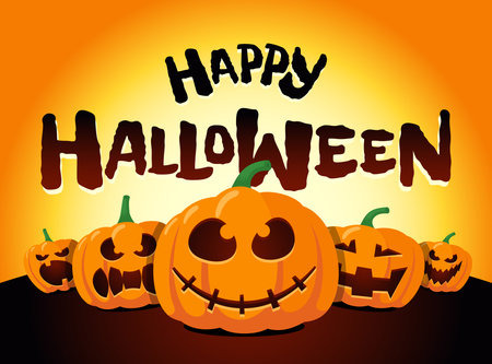 Happy Halloween holiday pumpkins under moonlight. Jack O Lantern party on night blurred background and inscription greeting card design template. Vector cartoon spooky invitation illustrationのイラスト素材