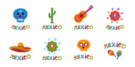 Mexico typography banner collection with colorful text decoration set. Festive mexican sombrero and cactus vector latino illustration ideal for national holiday celebration eventのイラスト素材