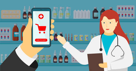 Hand holding smartphone near pharmacist white female doctor. Online pharmacy mobile app concept. Add to cart pay button on screen for medicine shop payment via application. Vector illustrationのイラスト素材