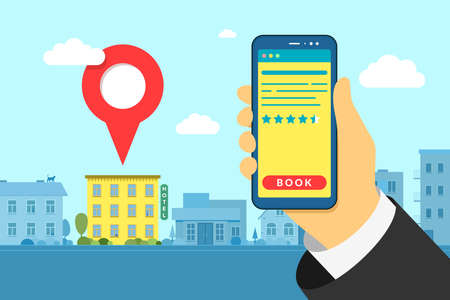 Hand holding smartphone at hotel search and booking online with rating review stars. Mobile app hostel searching detailed and reservation application interface on city background. Vector illustrationのイラスト素材
