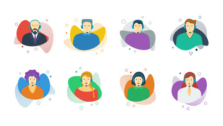 Call center operator assistance avatar set on fluid liquid shape set. Male and female customer...