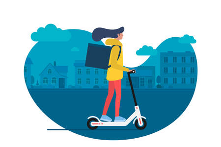Delivery young female courier riding electric kick scooter with package product box. Fast shipping service concept on city street. Vector illustration active hipster adult millennial on cityscapeのイラスト素材