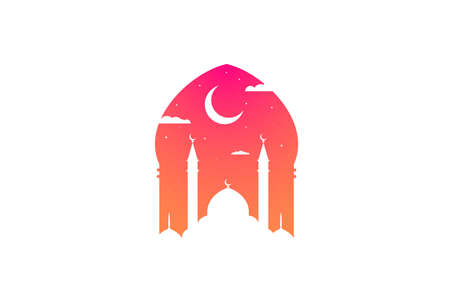 Mosque silhouette at dawn or sunrise sky with moon and abstract light for Islam. Holy festival eid traditional banner design. Ramadan kareem greeting card with mosques. Vector arabic illusrtationのイラスト素材
