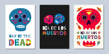 Mexican Day of the Dead Dia de Los Muertos banners. National festival greeting cards with hand drawn lettering flowers skulls on dark and white background. Vector illustration poster setのイラスト素材