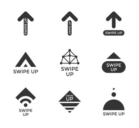 Swipe up story button icon set. Application and social network scroll arrow pictogram for fashion blogger stories or web UI design touch screen interface. Vector black style blog story illustrationのイラスト素材