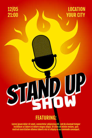 Stand up comedy night live show A3 A4 poster design template. Retro fire microphone on red gradient background. Hot jokes roast concept flyer. Vector fun burning open mic stage humor illustrationのイラスト素材