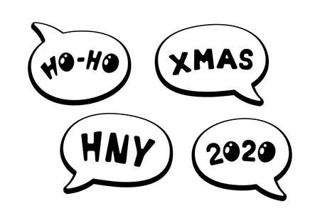 Holiday cartoon comic speech bubble sticker collection with various messages HO-HO XMAS HNY and 2020. Merry Christmas and Happy New Year label set vector illustrationのイラスト素材
