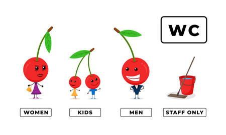 Happy family cartoon cherry character for toilet door sign set. WC men and women icon. Water closet...