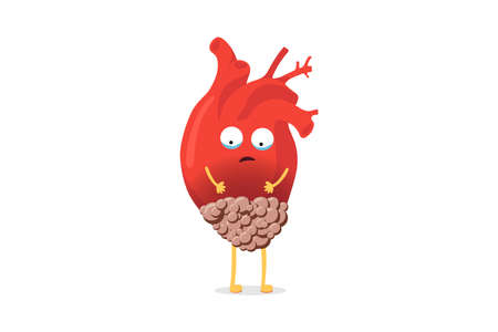 Disease unhealthy cartoon heart character with cancer tumor on white background. Sick suffering human circulatory organ pain mascot oncology concept. Medical cardio-oncology vector illustrationのイラスト素材