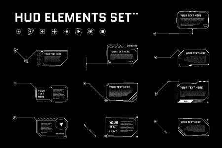 HUD digital futuristic callout title set. Call out sci fi frame bar labels. Presentation or infographic modern digital info box layout template. Interface HUD UI GUI style element. Vector illustrationのイラスト素材