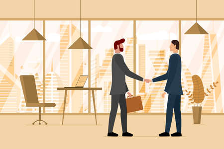Two businessmen handshake in modern office with future city through window. Partnership business men came agreement and completed deal work shake hands. Teamwork trust solution vector illustrationのイラスト素材