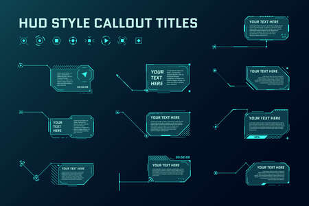 HUD futuristic style callout titles. Information call arrow box bars and modern digital info frame layout templates. Interface UI and GUI element set. Vector illustrationのイラスト素材
