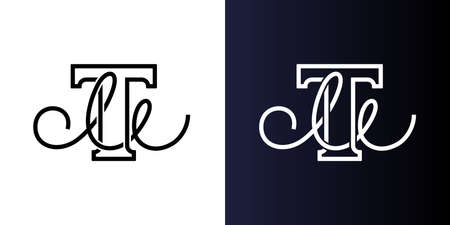 Initial letter TM or MT company name design. Bold serif T and handwrite M corporate identity monogram. Vector symbol on white and black backgroundのイラスト素材