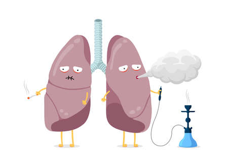 Unhealthy sick lungs cartoon character smoking cigarette and hookah. Human respiratory system internal organ blows smoke and having poor health. Bad dangerous habit addiction vector illustrationのイラスト素材