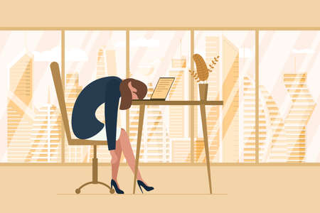 Professional burnout syndrome. Exhausted tired female manager in office sad boring sitting head down on laptop. Frustrated worker mental health problems. Vector long work stress day illustrationのイラスト素材