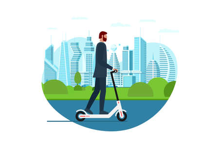 Businessman riding electric kick scooter. Activity lifestyle moving concept on big city street. Vector illustration innovative active mobility hipster modern millennial manager on metropolis cityscapeのイラスト素材