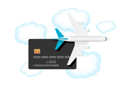 Miles bank premium card with airplane on sky with clouds. Credit or debit plastic card with bonus for frequent air travel vector illustrationのイラスト素材