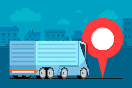 Modern cargo truck trailer logistic near geotag gps navigator location pin icon on urban city road. Business transport tracking delivery monitoring service concept. Shipping vehicle illustrationのイラスト素材